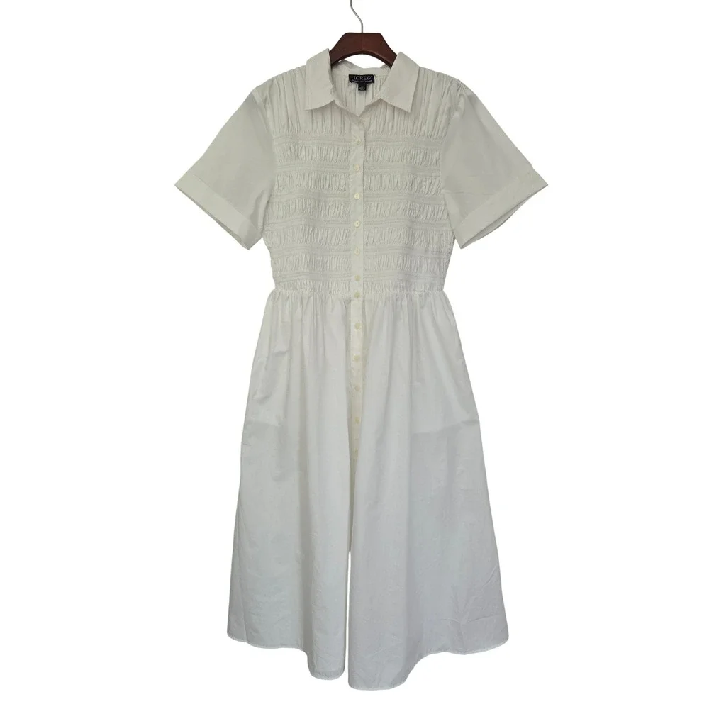 J. Crew Petite Elsie Shirt Dress Smocked Button Front LP White NWT $168 CT265